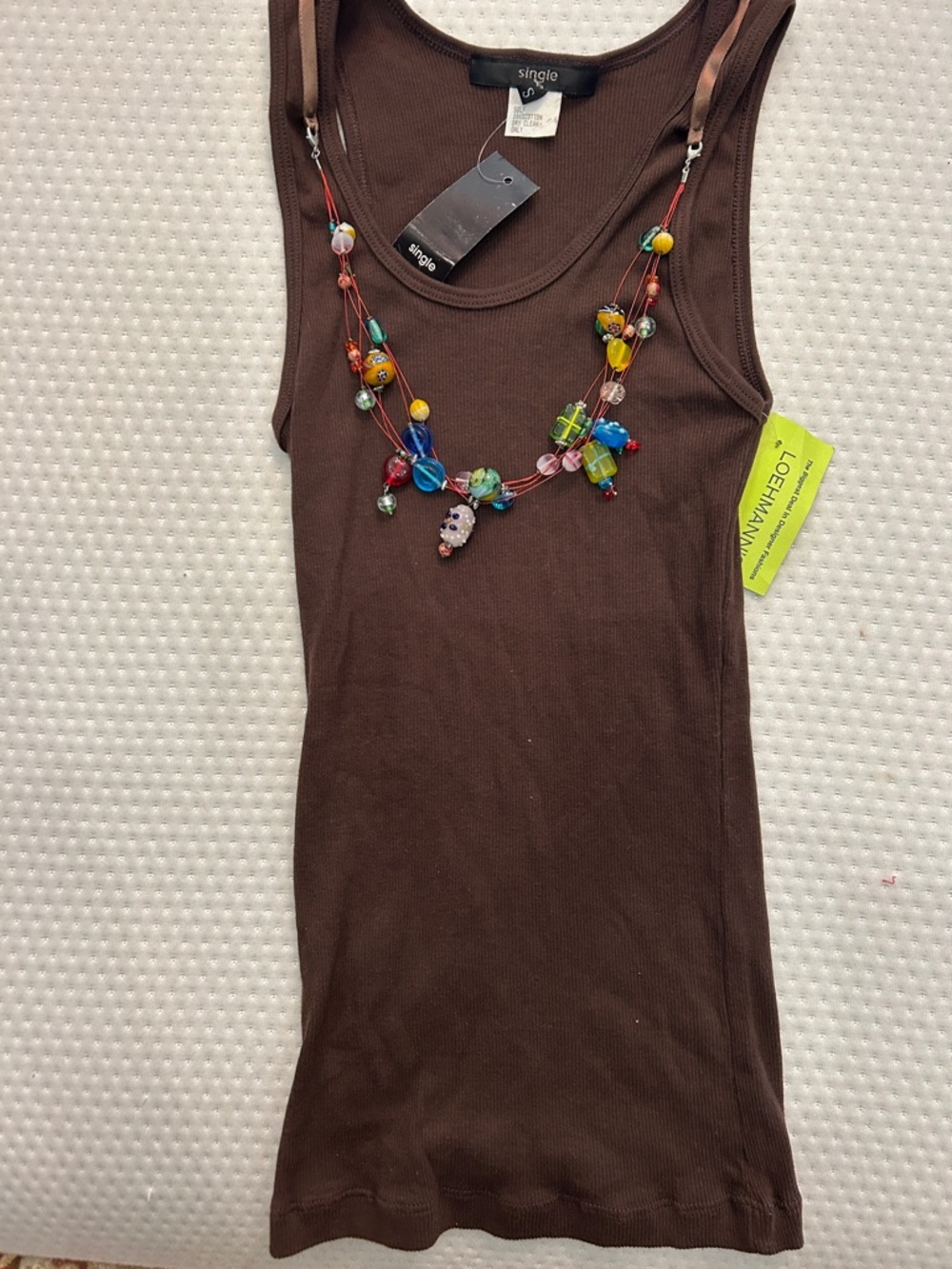 Brown Ribbed Longer Tank with Multicolor Beaded Necklace-S-NWT